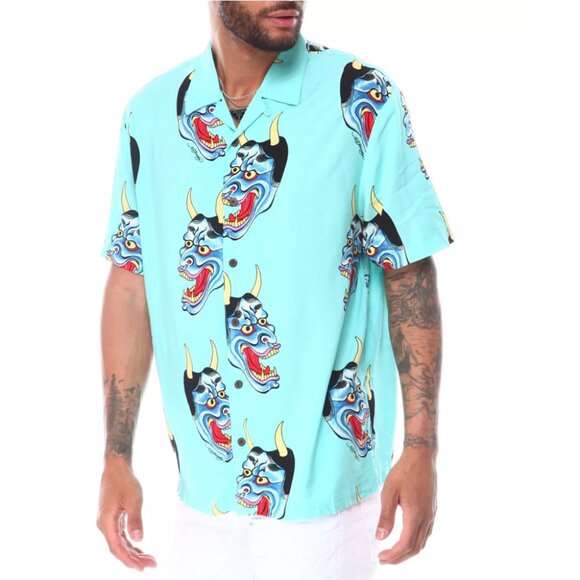 ED HARDY Oni Mask Devil Face Camp Shirt Button Down Short Sleeve Shirt - Picture 1 of 10